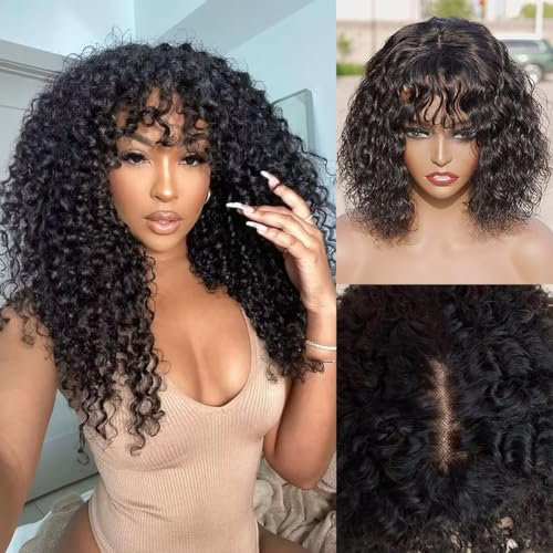 Curly Human Hair Wig with Fringe 2X1 Lace Front Wig Human Hair Wig with Bang Kinky Curly Echthaar Perücke mit Pony 16 zoll
