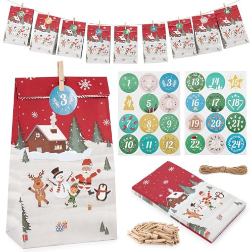 2025 Adventskalender zum Befüllen, 24 Adventskalender Tüten zum Basteln für Kinder und Erwachsene, Weihnachtskalender Selber Befüllen mit Zahlenaufkleber und Holzklemme - Rot Weiß