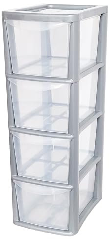 SIDSONS 4 Drawer Plastic Storage Organizer tower unit A5 Storage Drawers Desktop Table Small Chest of Drawer Bedroom Cosmetics Stationary Organizer Silver/Clear Height 62cm, Width 19cm, Depth 25cm