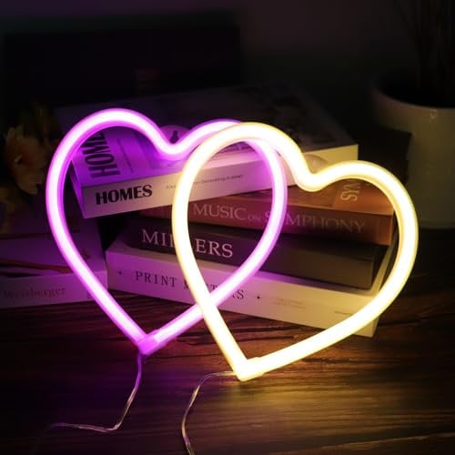 Fltengle 2pcs Heart Neon Sign for Wall Decor Romantic Neon Light Sign Powered by USB Charging/Battery Powered, Warm and Pink Led Light Sign for Bedroom, Living Room, Party Decoration