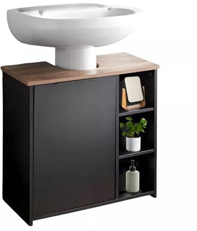 Bathroom Under-Sink Cabinet, 3 Shelves, 1 Door, 65cm x 30cm x 60cm, Black