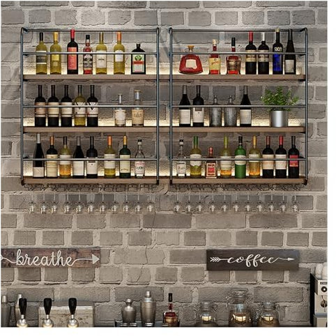 TATITZRO Étagère de Rangement Murale à vin Industrielle avec lumière LED, étagères murales flottantes avec Support pour Verre à vin, étagère à Liqueur Suspendue en métal, présentoirs à vin