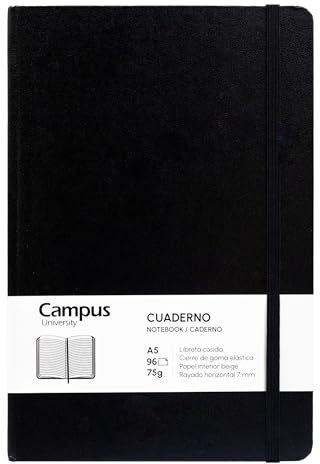 Campus Bullet Journal Notizbuch, A5, horizontal, liniert, 7 mm, Hardcover, 96 Blatt à 75 g, elastischer Verschluss, Tasche und Lesezeichen, A5, Querformat, Schwarz