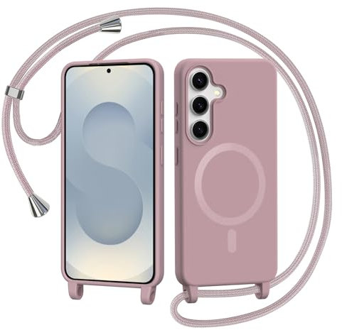AOMYKE Coque Magnétique pour Samsung Galaxy S25 / Samsung Galaxy S24 avec Cordon, Compatible avec MagSafe Collier Étui Silicone avec Tour de Cou Lanière en Corde Souple TPU Antichoc Housse, Rose