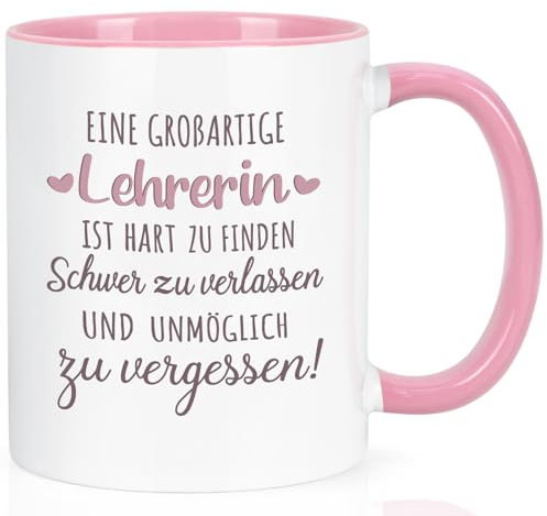 Joymaking Tasse Abschiedsgeschenk für Lehrerin - Eine großartige Lehrerin ist hart zu finden - Kaffeetasse zum Abschied Geschenk für Lieblingslehrerin zum Abschied, 320ml Rosa