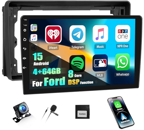 CAMECHO 4+64G Android 15 Qualcomm 8-Kern Autoradio für Ford Fiesta Focus Transit Connect Kuga Mondeo mit Rückfahrkamera, 9 Zoll Wireless Carplay DSP Bluetooth Radio mit Android Auto WiFi FM/RDS GPS