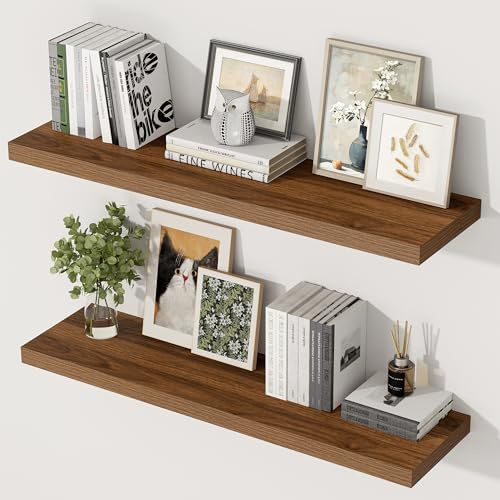 Extra Tiefes 29,5 cm Wandregal Holz, 90cm Lang Wandboard Walnuss 2er Set, Schweberegal aus MDF Holz, Regal Wand für mehr Stauraum, Regalbrett für Küche, Wohnzimmer, Schlafzimmer, Badezimmer & Büro