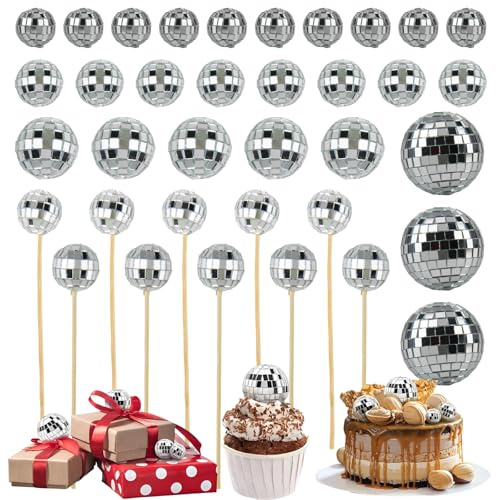 SJUNJIE 36 Palla Discoteca per Torte Compleanno Decorativo Sfera Discoteca | Sfera Discoteca Palline Argento Scintillanti Disco Ball per Decorazione Della Festa a Tema Compleanno Musica