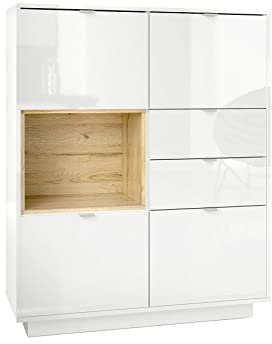 Vladon Highboard Sideboard Metro, Made in Germany, Korpus in Weiß Hochglanz/Fronten in Weiß Hochglanz mit Einsatz in Eiche Natur