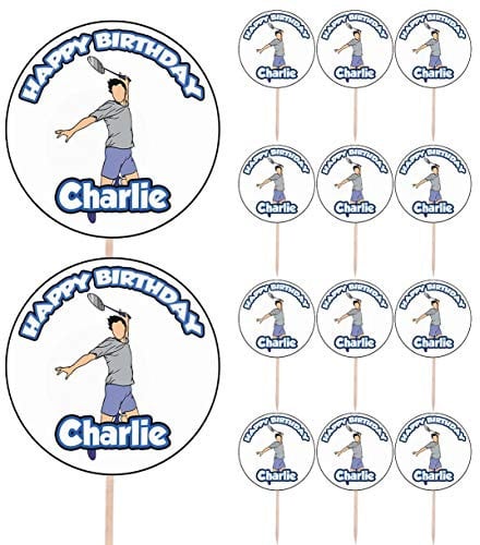 AK Giftshop Personalised Badminton Birthday Food & Cupcake Toppers Picks Flags Party Decorations - (pack of 14)