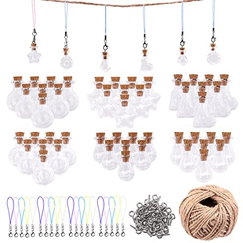 Mardatt 48pcs 6 Shapes Mini Glass Bottles with Cork Lids Wish Bottles Glass Favor Jars, 50pcs Eye Screws, 30 Meters Twine for DIY Crafts, Home Decor, Party Favors
