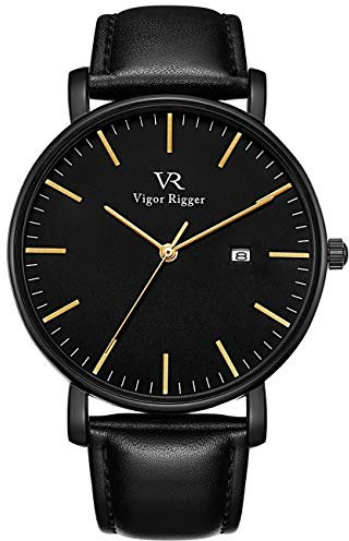 BUREI Vigor Rigger Klassische Armbanduhr, Silbernes Zifferblatt, Braunes Lederarmband, mit Datumsanzeige (schwarz)