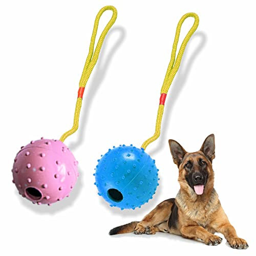 Heavy Duty Dog Toy - Ball On Rope Interactive Pull & Tug Toy for All Dogs and Puppies - Pet Chew Rope With Pimpled Studded Ball - 40cm X 6.5cm Assorted Colours (Pack of 1)