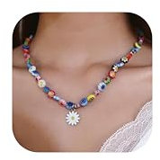 Adramata Bunte Perlenkette Damen Boho Halskette Bunte Daisy Halskette für Mädchen Sommer Halskette