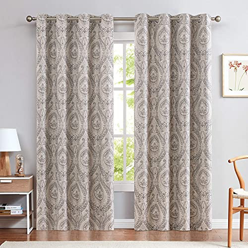 TOPICK Blickdicht Vorhänge Wärmeisoliert Verdunkelungsvorhang mit Ösen Blumen Muster Vintage Leinenoptik Gardine Lichtdicht Thermovorhang für Wohnzimmer Schlafzimmer 2 Stück 130x245cm(BxH) Grau