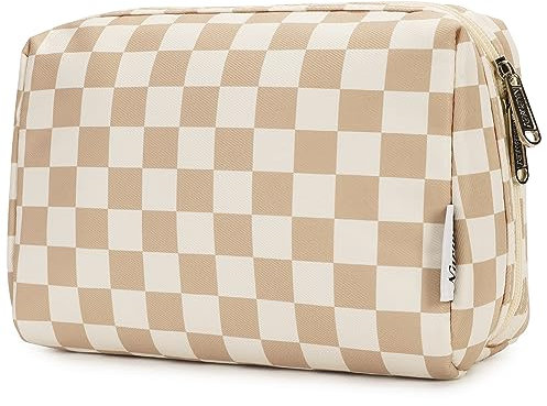 Narwey Make up Tasche Damen Schminktasche Kosmetiktasche Kulturtasche Damen Kulturbeutel, Makeup Tasche Makeup Bag (Gitter Hellbraun, Groß)