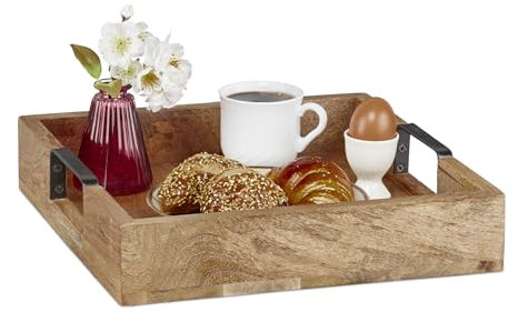 Relaxdays Bandeja Rectangular de Madera de Mango, con Asas, Servir, Desayuno, Decorativa, Cocina, 7,5x35x35cm, Natural