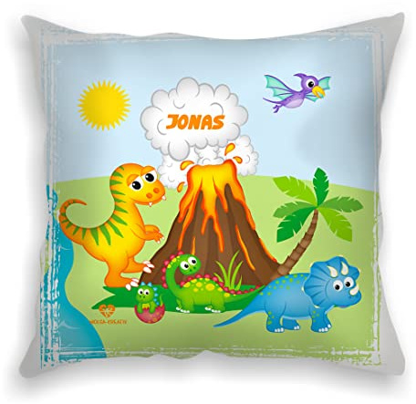 wolga-kreativ Personalisiertes Kissen Dino Vulkan 40x40 cm – Kuschelkissen mit Namen & süßen Kindermotiven – Geschenk zur Geburt, Taufe & Geburtstag – Flauschiges Babykissen – Handmade in Deutschland