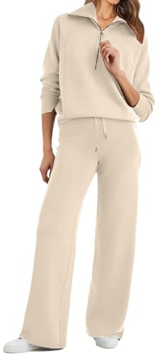 Glamaker Womens 2 Piece Outfits Sweatsuit Set Oversized Half Zip Sweatshirt Wide Leg Sweatpants Lounge Set Tracksuit, Light Khaki, Large