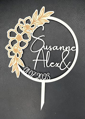 NoriKids Cake-Topper personalisiert & handgefertigt | Tortenstecker aus Holz | Tortendeko Hochzeit | Kranz mit gravierten Blumen & Namen | individuelle Hochzeitsdeko | personalisierte Geschenke
