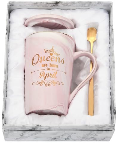 Joymaking Birthday Gifts for Women Coffee Mug 14oz Birthday Gifts for Her, Mum, Girlfriend, Sister Funny Gifts for Birthday Coffee Cup with Queens are Born in April, 400ML Pink