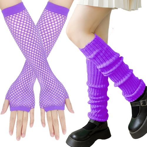 XIEXIESHER Neon Beinstulpen mit Neon Fingerlose Netzhandschuhe, Neon Stulpen, Leg Warmers, 80er 90er Jahre Kostüm Zubehör, Cosplay Kostüm Zubehör Disco Party Halloween Karneval Zubehör(Lila)