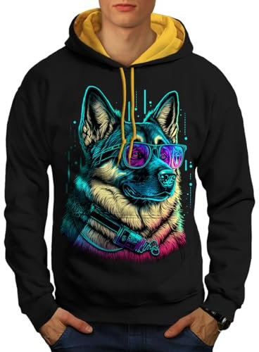 Wellcoda Cyber Synthwave Hund Hipster Kühlen Männer Kontrast Kapuzenpullover Schwarz (Goldhaube) 2XL
