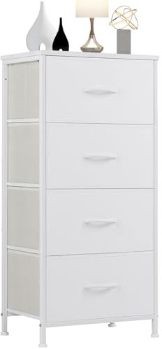 Sweetcrispy Kommode mit 4 Schubladen, Stoff Schubladenschrank, Schmal Schrank, Kommode Schlafzimmer, Industrial Stil für Wohnzimmer, Kinderzimmer, Flur Aufbewahrungsschrank, weiß