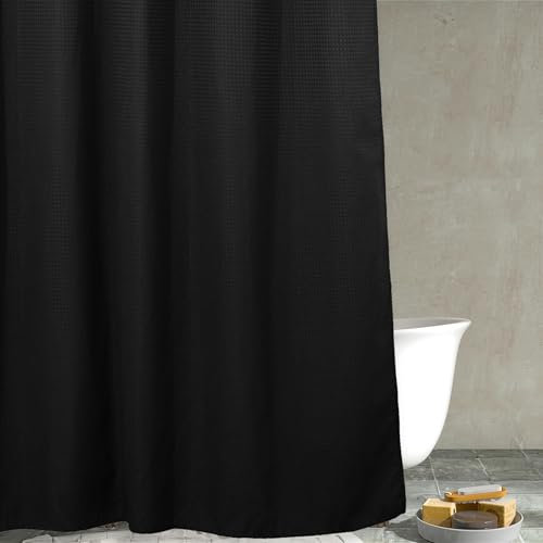 Rideau de douche à tissage gaufré noir : rideau de douche en tissu texturé robuste pour salle de bain - Imperméable et lavable en tissu polyester épais - 183 x 200 cm de hauteur