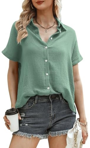 Aottori Musselin Bluse Damen Kurzarm Sommer Hemdbluse Elegant Hemd Casual | Locker, Leicht, Musselinhemd, Blusen, Oberteil, Basic, Leinenbluse, Einfarbig, Freizeit, Urlaub, Büro, Alltag