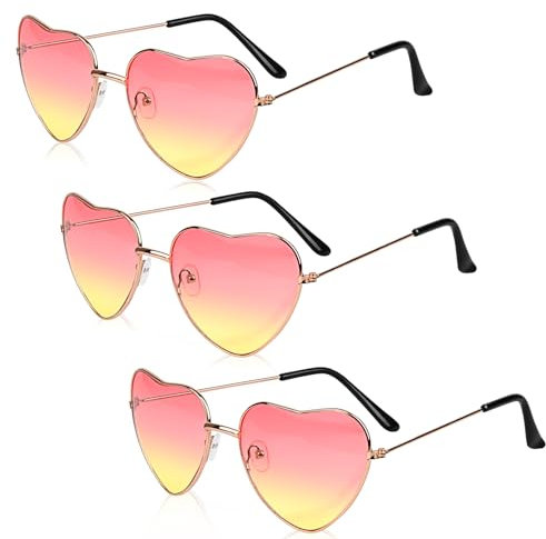 Dawumin 3 Paar Herz Party Brillen, Hippie Brille Damen, Herzbrille, Lustige Sonnenbrille, Retro Herzförmige Partybrille, für 60er 70er 80er 90er Jahre Party Accessoires (Oben rot und unten gelb)
