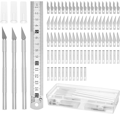 QWORK® 3 Stück Schnitzmesser Set mit Schutzkappe, Stahlregel+90 Ersatzklingen | Vielseitig für Hobby & Bastelarbeiten