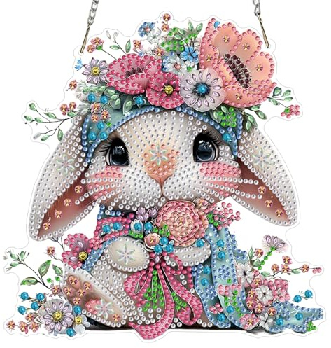 MXJSUA Diamond Painting Anhänger mit Kette Erwachsene, Diamant Painting Fensterbilder Hängende Ornament Bastelset Set für Wand Und Eingang Decor 20x20CM (Süßer Osterhase Blume)