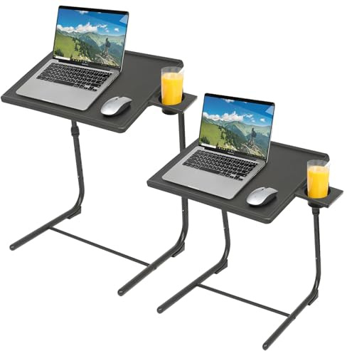 Harbour Housewares Height Adjustable Folding Laptop Tables - Black - 2x | Portable Sofa & Bed Desk with Tilting Top, Cup Holder & Foldaway Metal Legs - Compact Home Office Workstation