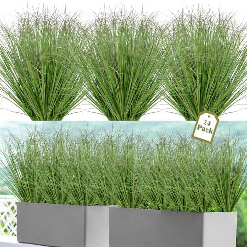 UXORSN 24 Bundles Artificial Plants Outdoor Green Fake Wheat Grass Bushes