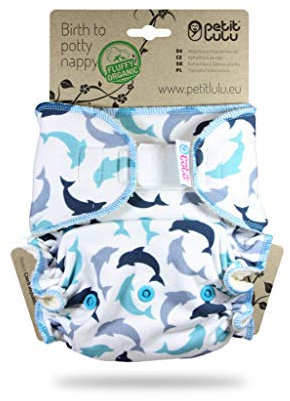 Petit Lulu Maxi NachtWindel | Höschenwindel (7-16 kg) Klett | Fluffy Organic | Bambus natürliche wiederverwendbare Stoffwindeln | Ohne Polyester (Delfine)