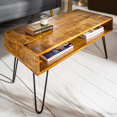 cagü Design Couchtisch MALITA Natur Mangoholz 2 Ablagefächer Schwarze Haarnadelbeine Metall 100cm x 50cm