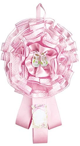 Coccarda Nascita in Tulle decorato con nastrino a pois, nastri in raso, applicazione di un decoro in resina e pergamena in cartoncino per scrivere il nome e la data, scarpine rosa