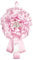 Coccarda Nascita in Tulle decorato con nastrino a pois, nastri in raso, applicazione di un decoro in resina e pergamena in cartoncino per scrivere il nome e la data, scarpine rosa