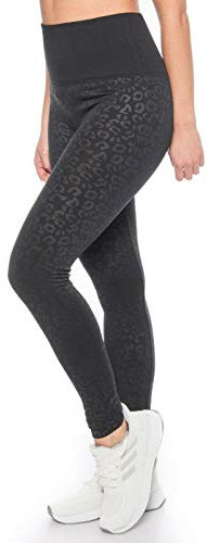 Kendindza Damen Sport Leggings Hoher Bund High Waist Bauch Weg (Schwarz | Leo, L/XL)