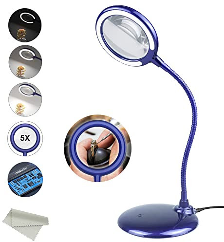 Rechargeable 5x Magnifying Dimmable Lamp, Magnifying Glass with Light and Stand,Magnifiers with 28 LED Lights for Senior, Low Vision, Hobbies, Crafts