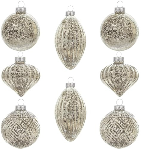 KI Store weihnachtskugeln Gold Glas 8 Stücke Ornamente für Weihnachtsbaum Christbaumkugeln Glas Weihnachtsdekoration Kugeln (Champagner Silber 8)