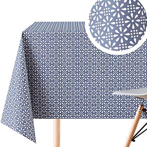 KP HOME Wipe Clean Tablecloth - Square 140x140cm | 55x55in round - Hard-Wearing Wipeable Vinyl PVC Kitchen Table Cloth Oilcloth In Faded Navy And White Retro Flower Pattern Waterproof Easy Care
