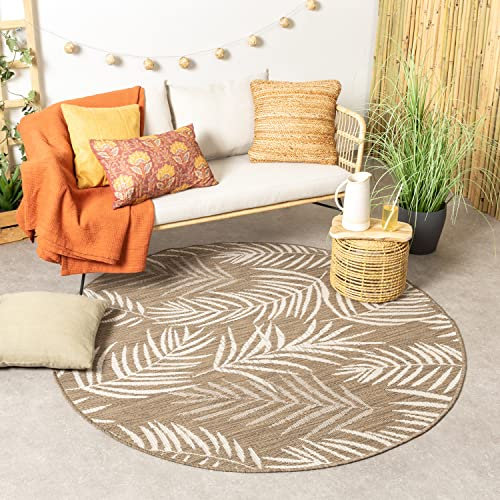 FRAAI | Home & Living In- & Outdoor Teppich Rund - Malta Leaves Natur - Wetterfest - Polypropylen - Flachgewebe - Balkon, Garten/Terrasse, Flur - Terrasse - Rug