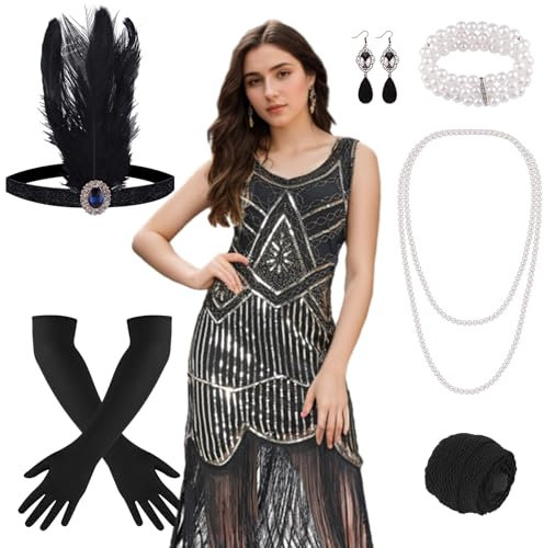 FEPITO Flapper-Kleider im Stil der 1920er Jahre für Damen, mit Fransen und Pailletten besetztes Great Gatsby-Kleid für Damen mit Accessoires im Stil der 20er Jahre(Pure Black Gold,Small)