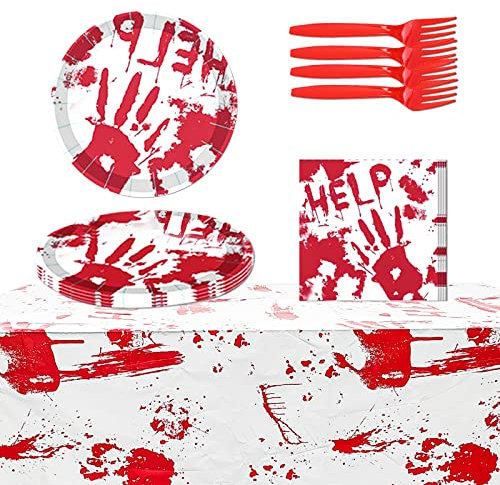 Airoads Juego de vajilla sangrienta de Halloween para 20 invitados, juego de decoración de Halloween con manteles, platos, servilletas y tenedores para decoraciones de fiesta de miedo