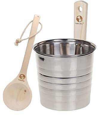 SudoreWell® Edelstahl Saunakübel Saunaeimer hochwertig mit Griffdaube plus Saunakelle 35cm aus Holz