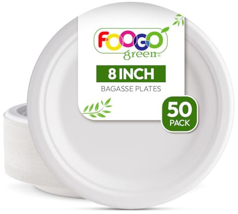 FOOGO Green 50 Platos Desechables de Fibra de Caña de Azúcar, 20 cm, Biodegradables, Compostables, Picnic, Fiesta, Platos Redondos y Resistentes de Papel