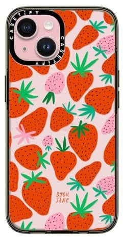 CASETiFY Compact Case for iPhone 15 [2X Military Grade Drop Tested / 4ft Drop Protection] - STRAWBERRIES - Clear Black