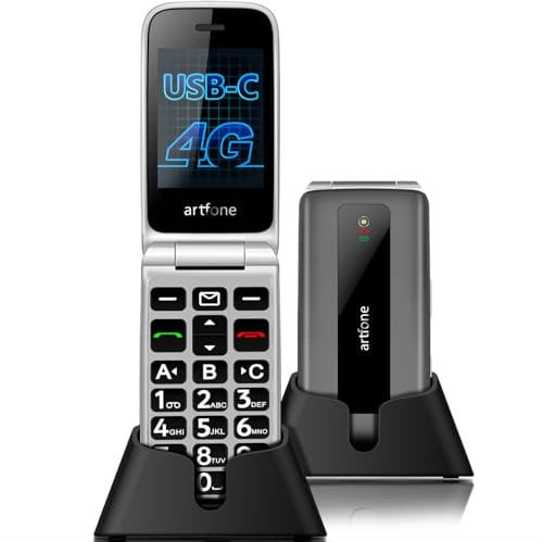 artfone F30 4G SIM-Free & Unlocked Mobile Phones, Flip Phone, Basic Big Button Mobile Phones for Elderly with 2.4 Display, SOS Button, Talking Numbers, Time Reporting, USB-C, Torch, Charging Dock